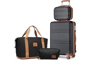 Kono Set de 4 Valises de Voyage Rigide Bagage Cabine 55cm avec Portable Vanity Case et Pliable Sac de Voyage pour Sport avec Trousse de Maquillage, Noir/Marron