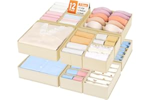 joyoldelf Lot de 12 Organisateur Tiroir, Organiseurs de Sous-Vêtements, Chaussettes et Soutiens-Gorge, Boite Rangement Vetement Pliable, Rangement sous Vetement, Organisation de Garde-Robe (Beige)