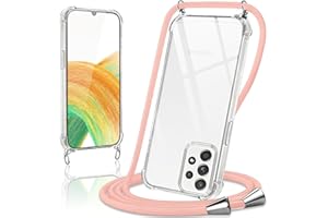 Coiwxmoi Handykette Handyhülle für Samsung Galaxy A33 5G Hülle mit Band 6.4",Transparent Case mit Kette Abnehmbar zum Umhängen Kordel Schutzhülle,Weich Silikon TPU Stoßfest Cover,Roségold