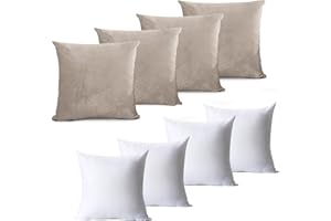 Hafaa Velvet Cushions with Covers Included Set of 8 (4 Beige Cushion Covers, 4 Cushion Inserts 45cm x 45cm) Luxury Decorative Fluffy Square Throw Pillow Case Sofa Cushion with Invisible Zipper