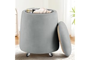 ‎HELLOVE Hellove Hocker mit Stauraum rund, Teddy Stoff Sitzhocker mit Rollen, Couchtisch Deckel abnehmbar, Polsterhocker für Schminktisch, Wohnzimmer & Flur Möbel, Stauhocker Wohnen, Ø37 x 45cm, Grau