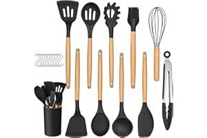 Küchenhelfer Set, Joyfair 21-teiliges Silikon Küchenutensilien Set mit Holzgriff, Antihaft Hitzebeständiger Kochbesteck Set, Küchenutensilien Set mit Utensilienhalter, Gesund & Langlebig - Schwarz