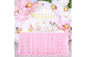 QUEENDREAM Pink Table Skirt 6FT Tulle Table Skirting 2 Layer Rectangle Pink Tutu Tablecloth for Birthday Baby Shower Wedding