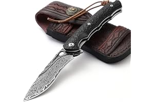 DRACHENADER navaja de bolsillo Damasco Elegante con funda de cuero, delgada Vg10 navaja de bolsillo a una mano decon clip y mango de ébano, negro