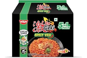 Nissin Geki Korean Ramen – Spicy Veg Vegetarian Instant Noodles with Gochujang Flavour, 5 in 1 Pack, 400g