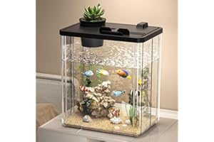 PORTOALEGRE Fischtank Aquarium mit LED-Leuchten, Aquarien Komplettset mit Pumpe, Gefälschte Berge, Kunstblumen, Steine, Fischlöffel, Fischzuchtbox Fischgläser Dekor Wohnzimmer, Home, Office, 26.5x15x22.5cm