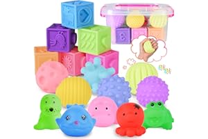 FORMIZON Set di Palle Morbide Sensoriali e Impilabile Cubi Bambini, 15 Pezzi Giochi Neonato con Palline Sensoriali, Blocchi Morbidi e Dinosauro, Giocattoli da Masticare, Giocattoli Educativi