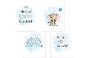 POLYMEDIA 4er Set Baby DIN A4 Bilder mit Elefant, Regenbogen und Sprüchen, Poster mit Tiermotiv für Babyzimmer, 200g/m² Papier, Kinderzimmer Wanddeko, für Bilderrahmen, Dekoration für Jungen & Mädchen, Hellblau