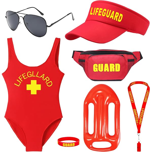 EUPSIIU Rettungsschwimmer-Kostüm Set – Mit Rotem Hut & Wachpfeife, Für Erwachsene, Größe Verstellbar (56-62 Cm)