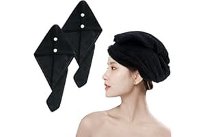 xnicx Lot de 2 serviettes à cheveux en microfibre super absorbantes avec boutons pour cheveux longs et mouillés, séchage rapide, pour femmes et enfants, 25 x 65 cm (noir)