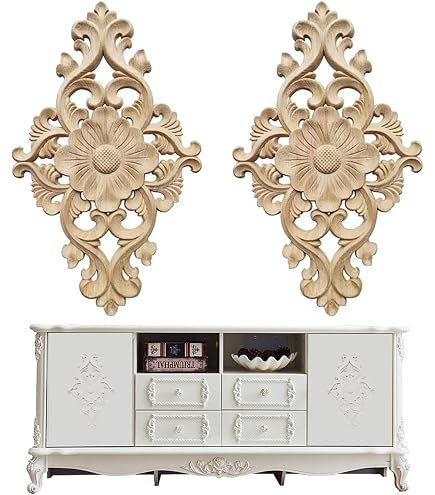 2 pezzi rettangolo legno intagliato Applique 22x8cm/8.66x3.15 pollici cornice Onlay fiore legno intagliato decalcomania non verniciato decorazione mobili  15