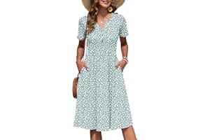 AUSELILY Women's Summer Short Sleeve Dresses with Midi Empire Causal V Neck Pleated Dress with Pockets