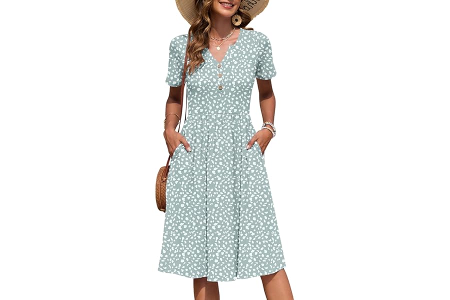 AUSELILY Women's Summer Short Sleeve Dresses with Midi Empire Causal V Neck Pleated Dress with Pockets