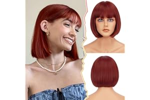 BARSDAR Rouge Bob Perruque avec Franges, 30cm Cuivré Perruque pour Les Femmes Courte Bob Perruques avec Franges Naturel Droite Perruques Synthétiques Résistantes à la Chaleur (Rouge Cuivré)