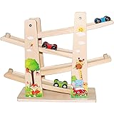 Jouet en Bois pour Bébé/Enfant, Jouet de Voiture - Rampe de Course de la Forêts - Circuit Zig Zag avec Parking 4 * Voitures,J