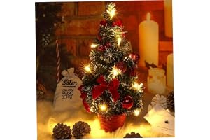 Mini julgran, 40 cm konstgjord liten julgran med rosetter, bollar och LED-lampor, upplyst bordsskiva för hemmakontor, skrivbordsdekorationer