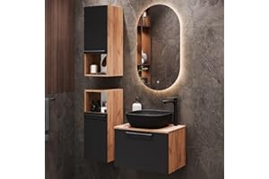 Planetmöbel Juego de muebles de baño Astra con lavabo de 60 cm con 2 armarios midi de roble dorado, antracita, lavabo de 42 cm, color negro