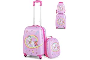 SOARS Maleta y mochila para niños, con ruedas y asa ajustable, juego de maletas, equipaje para niños, maleta de viaje para niños y niñas, para juguetes, ropa, Unicornio E, 12"+16"