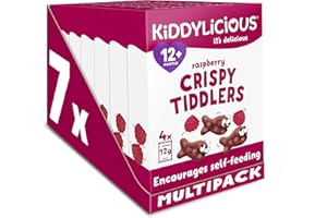 Kiddylicious Raspberry Crispy Tiddlers - Delicious Real Fruit Treat for Kids - Suitable for 12+ Months - 7 Packs of 4 (28 Total)