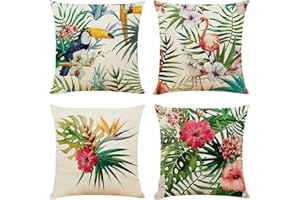 NIULAA Decorativos Lino Fundas de Cojines 40x40 Sofa Set de 4 Tropical Flores Fundas de Almohada Decoración Moderno Fundas Cojines Beige Cuadrados Exterior Jardin