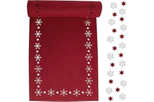 GEBETTER Camino de Mesa Navidad Fieltro 100x30 cm + 24*Confetis, Decoración Mesa Navideña Adorno Navidad, Corredor de Mesa Navideño, Copos de Nieve Estrellas (Rojo con Huecos Estrellas y Nieve)