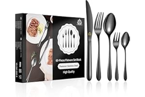 vancasso Set Posate Nera, Set Posate Nero 60 Pezzi in Acciaio Inox 18/10 per 12 Persone, 12 Cucchiaio, 12 Forchetta, 12 Coltello, 12 Cucchiaino tè, 12 Forchetta Dolce, Arte in Tavola