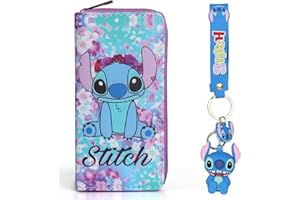 BOYIGOG Stitch Geldbörse mit Stitch Schlüsselbund Set Cartoon Geldbörsen PU Geldbörse Lange Stitch Geldbörsen und Schlüsselanhänger Stitch Geschenke