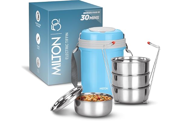 MILTON Electron Portable Electric Lunch Box I Set of 4 Stainless Steel Containers I Auto Shut Off I Cool Touch Shock Proof Body I Ideal for Hot Food at Office, Hostel, Travel I 1.44 L, Blue