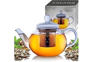 Creano Théière en Verre 0,8l avec Filtre en Acier Inoxydable Intégré et Couvercle en Verre, Anti-Goutte, 1500ml| 800ml