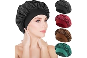 Gemtte 4 pcs Bonnet Satin Cheveux Nuit, Bonnet en Satin Femme Élastique Protection Cheveux, Bonnet Soie légère et Respirante, pour Cheveux Longs Cheveux Bouclés