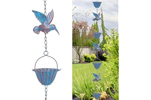 Tefola Catena antipioggia da 2,4 m con colibrì – Catena di scarico in metallo blu retrò, 7 uccelli e 7 tazze per grondaie, decorazioni da giardino e casa