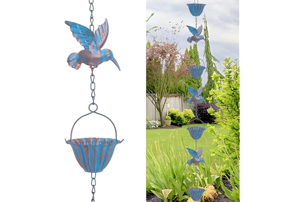 Tefola Chaîne de pluie de 2,4 m avec colibris – Chaîne d'évacuation des eaux pluviales en métal bleu rétro, 7 oiseaux et 7 coupelles pour gouttières, décoration de jardin et de maison