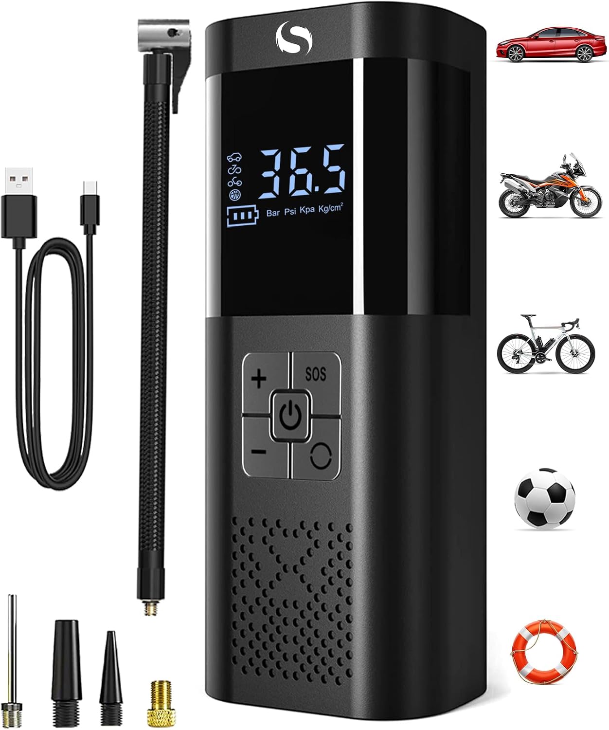 SERVOMASTER Compresor Aire Portatil, 150PSI Compresor Aire Coche, Inflador Ruedas Coche con Manómetro, Inflador Electrico, con Luz LED para Coches Moto Bicicleta Bola