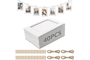 XHYASD 40 sztuk papierowych ramek na zdjęcia, 10 x 15 cm ramki na zdjęcia z kartonu, girlanda fotograficzna z 40 drewnianymi klamerkami i 4 sznurkami konopnymi, linka do zdjęć z klamerkami do