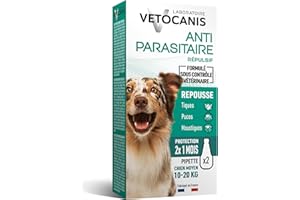 Vetocanis, Pipettes Anti Puces Chien, 2x1 Mois sans Tiques, Puces, Moustiques, Antiparasitaire Chien 10 à 20 kg, A base de Margosa, Répulsif Protection immédiate, 2 Pipettes de 3 mL