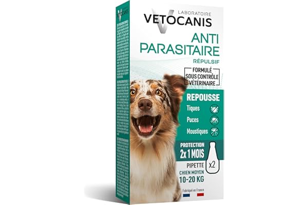 Vetocanis, Pipettes Anti Puces Chien, 2x1 Mois sans Tiques, Puces, Moustiques, Antiparasitaire Chien 10 à 20 kg, A base de Margosa, Répulsif Protection immédiate, 2 Pipettes de 3 mL