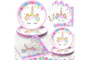 TEDOLATE Einhorn Partygeschirr Geburtstagsdeko Set für 16 Personen, Inklusive Teller, Servietten, Tischdecke, Perfekt für Kindergeburtstage & Einhorn-Themenpartys