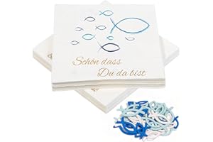 COMKRIVY 40 Stück Blaue Fisch Servietten und 45 Stück Holz Fische Deko, Schön, dass du da bist!', Fisch Tischdeko für Taufe, Kommunion, Konfirmation oder Andere festliche Anlässe, 33 x 33cm