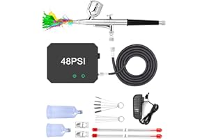Omeyo Airbrush Kit with Air Compressor, 48 PSI High Pressure Air Brush Non-Clogging with 0.2/0.3/0.5mm Nozzle/Cleaning Sets, Ideal for Painting, Modeling, Cake Decor, Pastry, Makeup, Nail Art Black