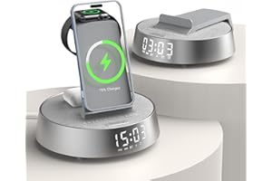 ‎COLSUR COLSUR Wireless Charger für iPhone für Samsung, Radiowecker mit Bluetooth Lautsprecher Induktive Ladestation für Apple Watch, Kabelloses Ladegerät für AirPods mit Licht Nachtlampe - Grau