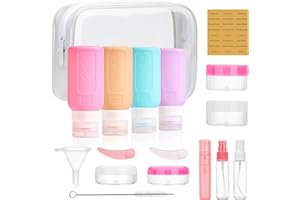 UERVOTON Set di 17 bottiglie in silicone da 90 ml, approvate dalla TSA, contenitori per articoli da toeletta per shampoo, a prova di perdite, accessori da viaggio con etichetta, riutilizzabili, per shampoo