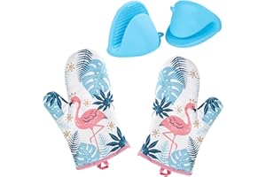 Keleily Gants de Four Résistant à la Chaleur 1 Paire Gant de Four Doublure en Coton avec 1 Paire Gant Cuisine Silicone pour Cuisine Cuisson Barbecue, Flamant Rose Design
