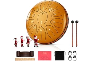 TLPEMN Tambour de Langue en Acier, 6 Pouces 11 Tons Tambour de Pluie, Handpan en do Majeur et Antirouille, Motif Feuille Steel Tongue Drum avec sac de Tambour et Instruments de Percussion(Doré)