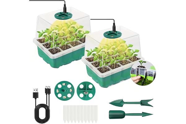 VDYXEW Plateau de démarrage de semis (12 cellules par plateau), kit de germination de plantes réglable à l'humidité, mini serre de propagation avec dôme et étiquettes de base, kit d'outils à main