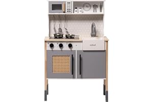 ROBUD Spielküche für Kinder, Spielküchen-Set aus Holz mit Geräuschen und Lichtern, modernes Vintage-Spielküchen-Set für Kleinkinder, Geschenk für Jungen und Mädchen, ab 3 Jahren (Grau)
