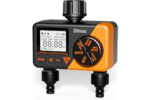 Diivoo Water Timer for Irrigation, Automatic Digital Sprinkler Hose Tap Timer 2 Outlets, Garden Watering Systems Controller With Rain Delay& Auto Manual Mode for Hose Faucet Outdoor, Lawn