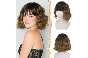 BARSDAR Parrucca Marrone Ombre Breve Ondulata con Frangia, Breve Parrucca Bob per Donna Ricci Ondulati French Bob Parrucche con Frangia Sintetici Aspetto Naturale Uso Quotidiano Festa