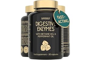 SUPERSELF Digestive Enzyme Supplements with Betaine HCL - 7 Digestive Enzymes for Gut Health & Support with Lactase, Bromelain, Lipase & Peppermint Oil - 30 Capsules - Gentle & Fast Acting Tablets - UK Made