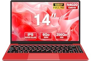 WOZIFAN Ordinateur PC Portable 256Go 14 Pouces SSD Expansible 1to Stockage Celeron N4020 Laptop Up to 2.8Ghz 2.4G+5G WiFi 1080p HDMI Bluetooth Souris sans Fil & Azerty Membrane du Clavier - Rouge