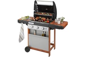Campingaz BBQ à Gaz 3 Series LX Woody, Barbecue à Gaz en Acier Inoxydable à 3 Brûleurs, Chariot en Bois et Tables de Chevet avec Grille et Plaque Chauffante en Fonte, Plancha